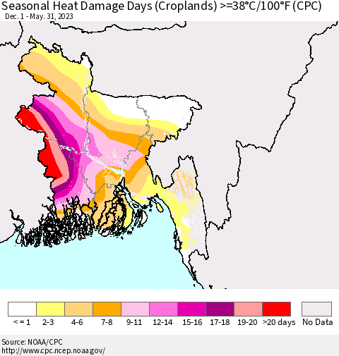 Bangladesh Seasonal Heat Damage Days (Croplands) >=38°C/100°F (CPC) Thematic Map For 12/1/2022 - 5/31/2023