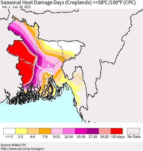 Bangladesh Seasonal Heat Damage Days (Croplands) >=38°C/100°F (CPC) Thematic Map For 12/1/2022 - 6/20/2023