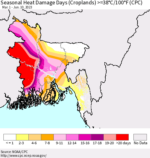 Bangladesh Seasonal Heat Damage Days (Croplands) >=38°C/100°F (CPC) Thematic Map For 3/1/2023 - 6/10/2023