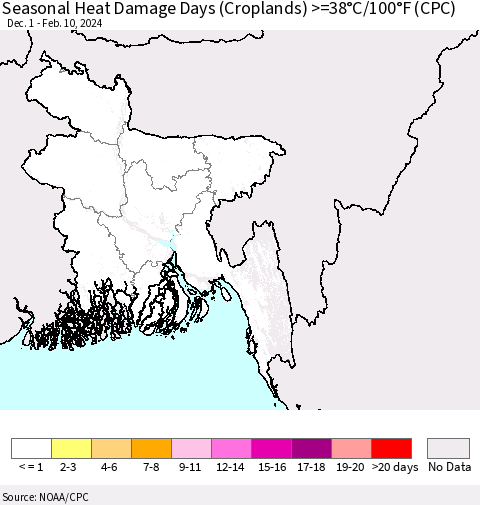 Bangladesh Seasonal Heat Damage Days (Croplands) >=38°C/100°F (CPC) Thematic Map For 12/1/2023 - 2/10/2024
