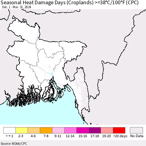 Bangladesh Seasonal Heat Damage Days (Croplands) >=38°C/100°F (CPC) Thematic Map For 12/1/2023 - 3/31/2024