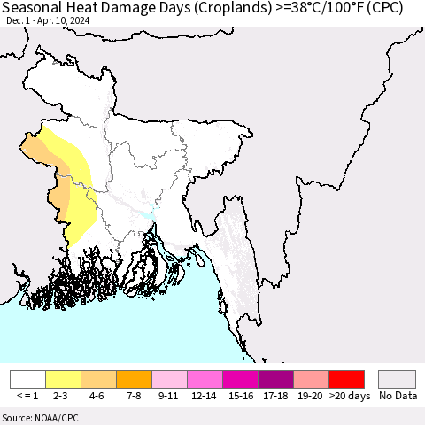 Bangladesh Seasonal Heat Damage Days (Croplands) >=38°C/100°F (CPC) Thematic Map For 12/1/2023 - 4/10/2024