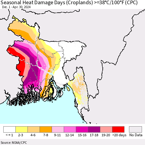 Bangladesh Seasonal Heat Damage Days (Croplands) >=38°C/100°F (CPC) Thematic Map For 12/1/2023 - 4/30/2024