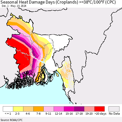 Bangladesh Seasonal Heat Damage Days (Croplands) >=38°C/100°F (CPC) Thematic Map For 12/1/2023 - 5/10/2024
