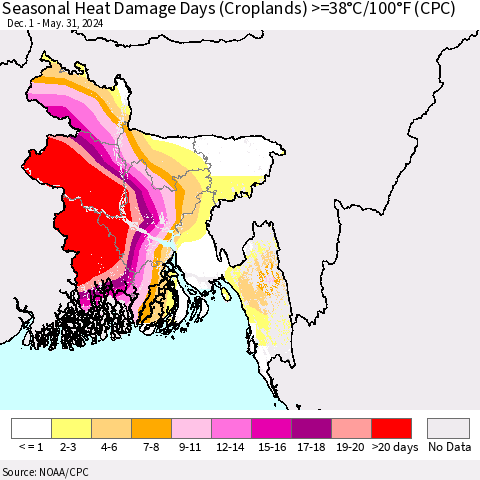 Bangladesh Seasonal Heat Damage Days (Croplands) >=38°C/100°F (CPC) Thematic Map For 12/1/2023 - 5/31/2024