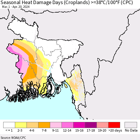 Bangladesh Seasonal Heat Damage Days (Croplands) >=38°C/100°F (CPC) Thematic Map For 3/1/2024 - 4/20/2024