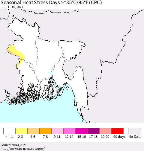 Bangladesh Seasonal Heat Stress Days >=35°C/95°F (CPC) Thematic Map For 7/1/2021 - 7/10/2021
