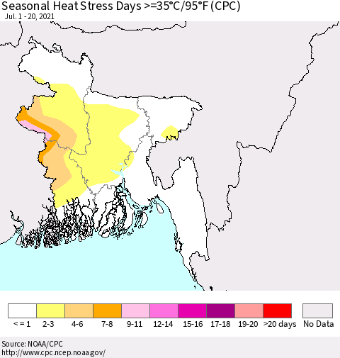 Bangladesh Seasonal Heat Stress Days >=35°C/95°F (CPC) Thematic Map For 7/1/2021 - 7/20/2021