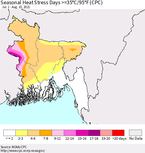 Bangladesh Seasonal Heat Stress Days >=35°C/95°F (CPC) Thematic Map For 7/1/2021 - 8/10/2021