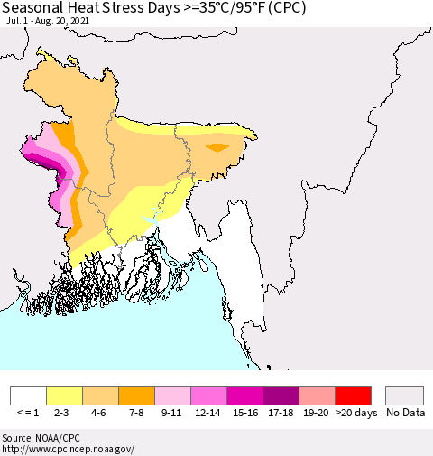 Bangladesh Seasonal Heat Stress Days >=35°C/95°F (CPC) Thematic Map For 7/1/2021 - 8/20/2021