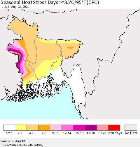 Bangladesh Seasonal Heat Stress Days >=35°C/95°F (CPC) Thematic Map For 7/1/2021 - 8/31/2021