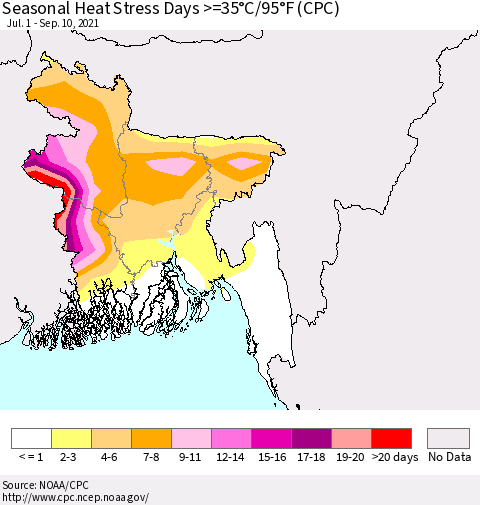 Bangladesh Seasonal Heat Stress Days >=35°C/95°F (CPC) Thematic Map For 7/1/2021 - 9/10/2021