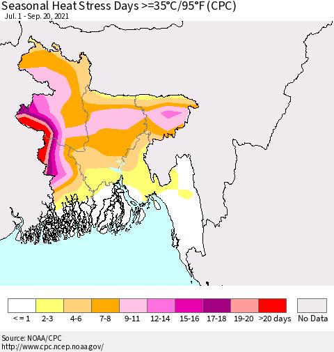 Bangladesh Seasonal Heat Stress Days >=35°C/95°F (CPC) Thematic Map For 7/1/2021 - 9/20/2021