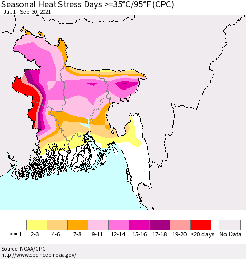 Bangladesh Seasonal Heat Stress Days >=35°C/95°F (CPC) Thematic Map For 7/1/2021 - 9/30/2021