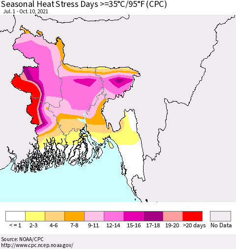 Bangladesh Seasonal Heat Stress Days >=35°C/95°F (CPC) Thematic Map For 7/1/2021 - 10/10/2021