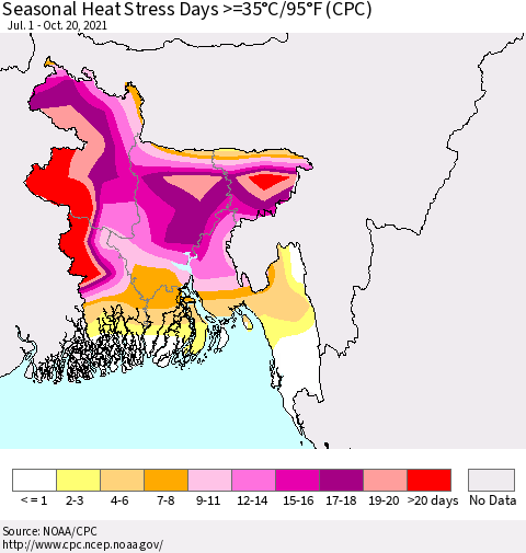 Bangladesh Seasonal Heat Stress Days >=35°C/95°F (CPC) Thematic Map For 7/1/2021 - 10/20/2021