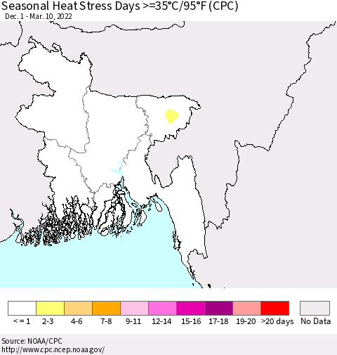 Bangladesh Seasonal Heat Stress Days >=35°C/95°F (CPC) Thematic Map For 12/1/2021 - 3/10/2022