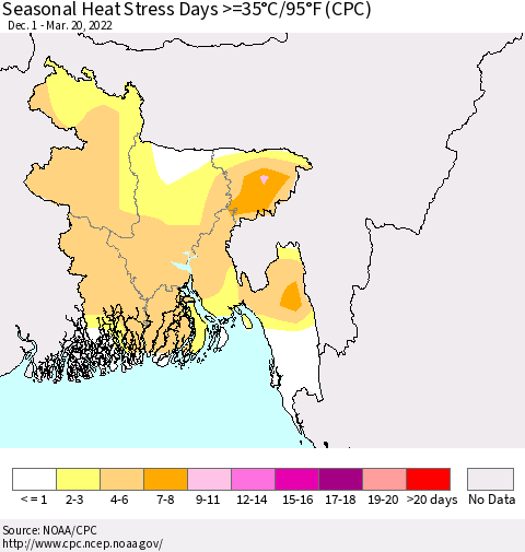 Bangladesh Seasonal Heat Stress Days >=35°C/95°F (CPC) Thematic Map For 12/1/2021 - 3/20/2022