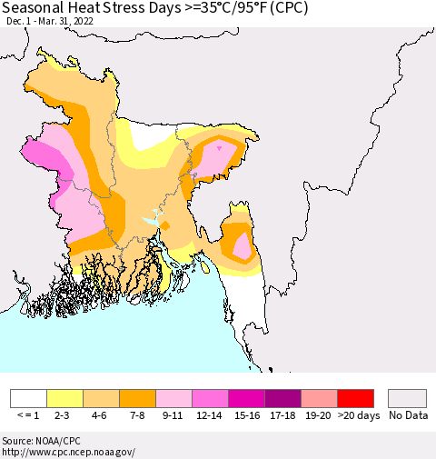 Bangladesh Seasonal Heat Stress Days >=35°C/95°F (CPC) Thematic Map For 12/1/2021 - 3/31/2022