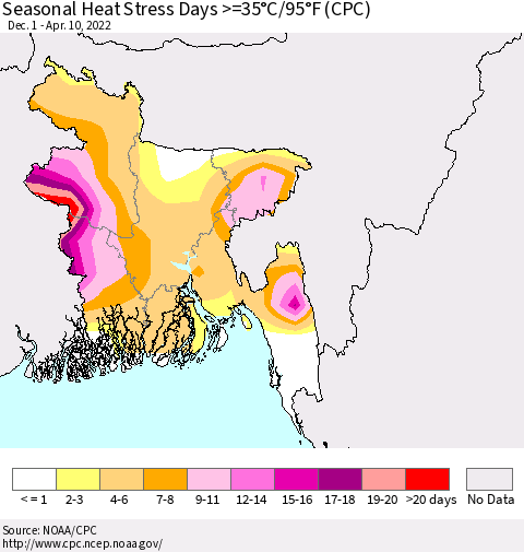 Bangladesh Seasonal Heat Stress Days >=35°C/95°F (CPC) Thematic Map For 12/1/2021 - 4/10/2022