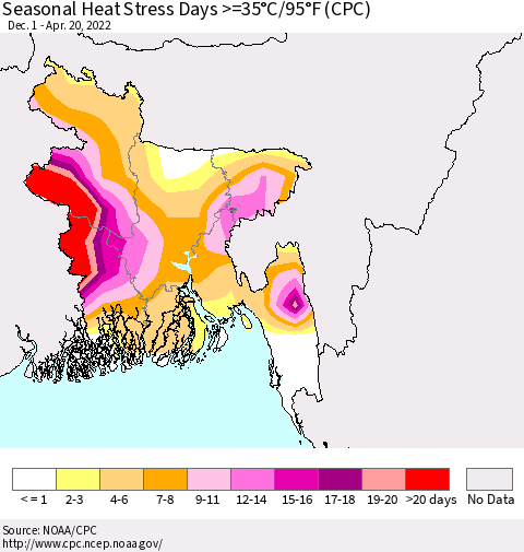 Bangladesh Seasonal Heat Stress Days >=35°C/95°F (CPC) Thematic Map For 12/1/2021 - 4/20/2022
