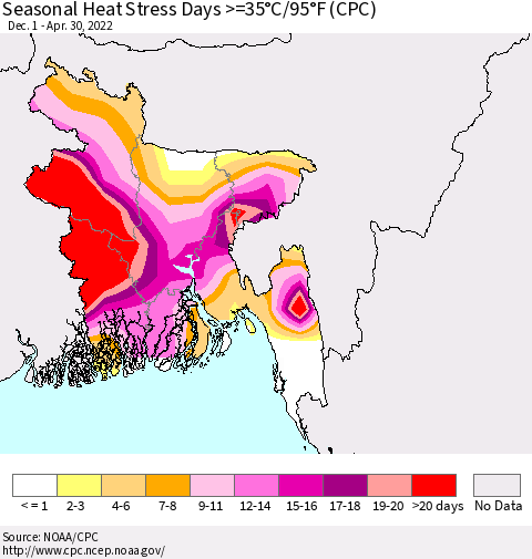 Bangladesh Seasonal Heat Stress Days >=35°C/95°F (CPC) Thematic Map For 12/1/2021 - 4/30/2022