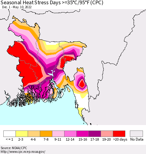 Bangladesh Seasonal Heat Stress Days >=35°C/95°F (CPC) Thematic Map For 12/1/2021 - 5/10/2022