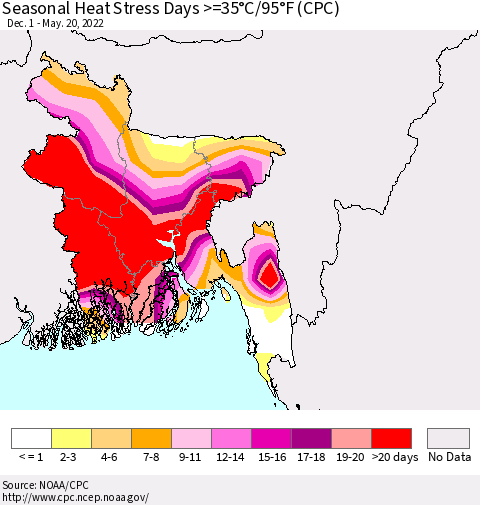 Bangladesh Seasonal Heat Stress Days >=35°C/95°F (CPC) Thematic Map For 12/1/2021 - 5/20/2022