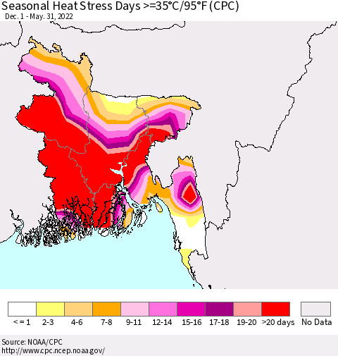 Bangladesh Seasonal Heat Stress Days >=35°C/95°F (CPC) Thematic Map For 12/1/2021 - 5/31/2022