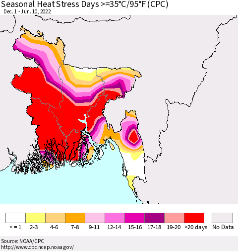 Bangladesh Seasonal Heat Stress Days >=35°C/95°F (CPC) Thematic Map For 12/1/2021 - 6/10/2022