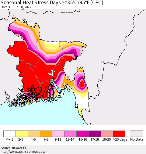 Bangladesh Seasonal Heat Stress Days >=35°C/95°F (CPC) Thematic Map For 12/1/2021 - 6/30/2022