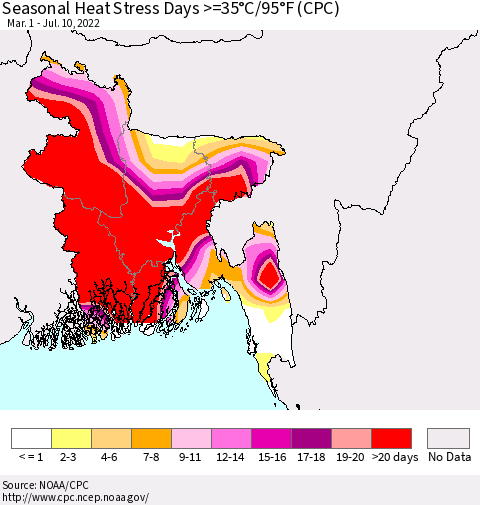 Bangladesh Seasonal Heat Stress Days >=35°C/95°F (CPC) Thematic Map For 3/1/2022 - 7/10/2022