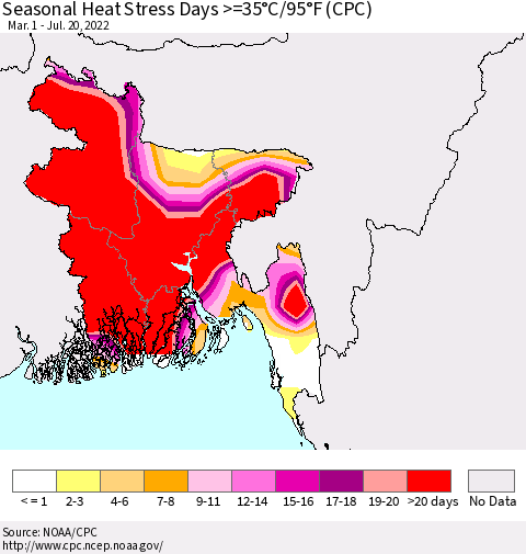 Bangladesh Seasonal Heat Stress Days >=35°C/95°F (CPC) Thematic Map For 3/1/2022 - 7/20/2022