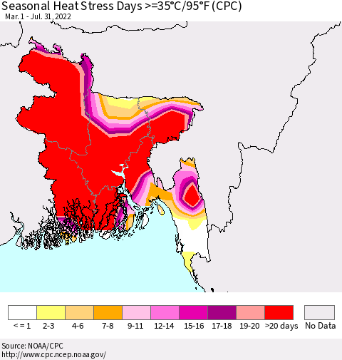 Bangladesh Seasonal Heat Stress Days >=35°C/95°F (CPC) Thematic Map For 3/1/2022 - 7/31/2022