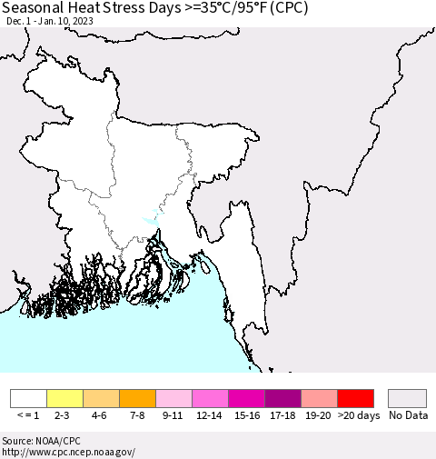 Bangladesh Seasonal Heat Stress Days >=35°C/95°F (CPC) Thematic Map For 12/1/2022 - 1/10/2023