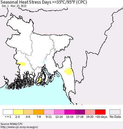 Bangladesh Seasonal Heat Stress Days >=35°C/95°F (CPC) Thematic Map For 12/1/2022 - 3/10/2023