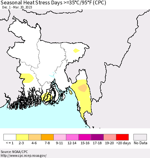 Bangladesh Seasonal Heat Stress Days >=35°C/95°F (CPC) Thematic Map For 12/1/2022 - 3/20/2023