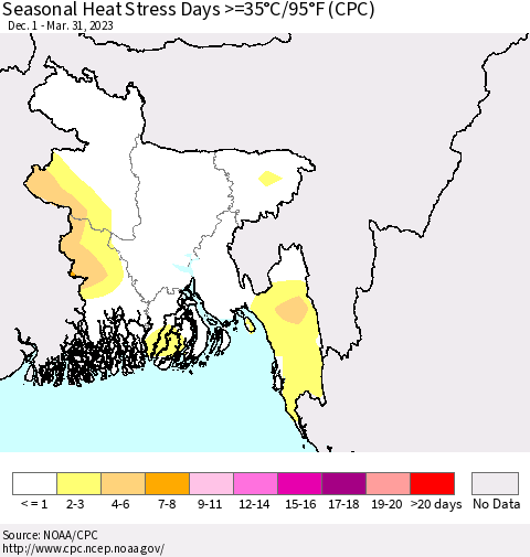 Bangladesh Seasonal Heat Stress Days >=35°C/95°F (CPC) Thematic Map For 12/1/2022 - 3/31/2023