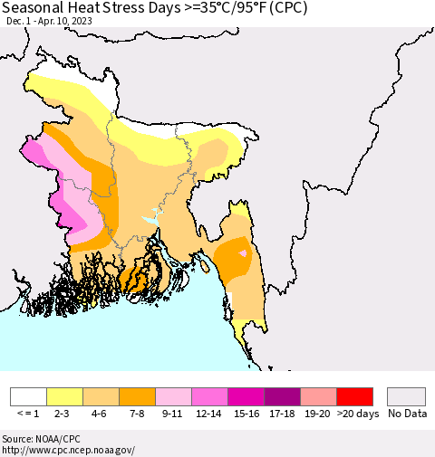 Bangladesh Seasonal Heat Stress Days >=35°C/95°F (CPC) Thematic Map For 12/1/2022 - 4/10/2023