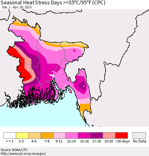 Bangladesh Seasonal Heat Stress Days >=35°C/95°F (CPC) Thematic Map For 12/1/2022 - 4/20/2023