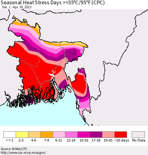Bangladesh Seasonal Heat Stress Days >=35°C/95°F (CPC) Thematic Map For 12/1/2022 - 4/30/2023