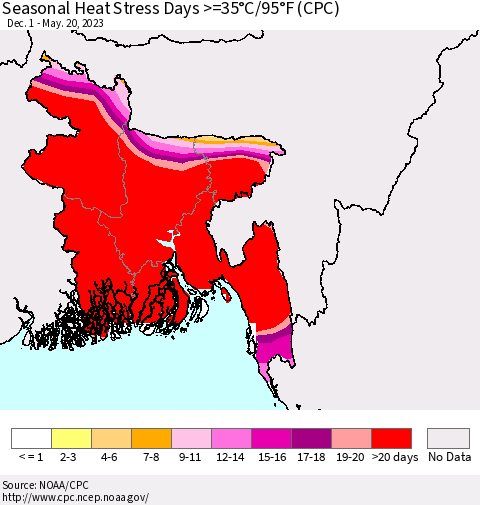 Bangladesh Seasonal Heat Stress Days >=35°C/95°F (CPC) Thematic Map For 12/1/2022 - 5/20/2023