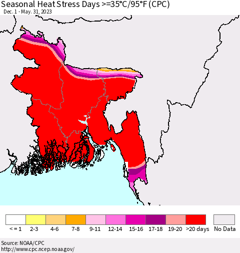 Bangladesh Seasonal Heat Stress Days >=35°C/95°F (CPC) Thematic Map For 12/1/2022 - 5/31/2023
