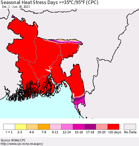 Bangladesh Seasonal Heat Stress Days >=35°C/95°F (CPC) Thematic Map For 12/1/2022 - 6/30/2023