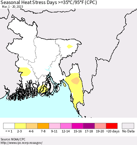 Bangladesh Seasonal Heat Stress Days >=35°C/95°F (CPC) Thematic Map For 3/1/2023 - 3/20/2023