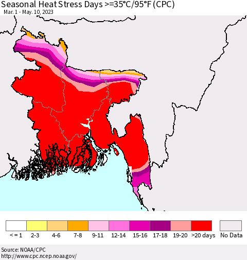 Bangladesh Seasonal Heat Stress Days >=35°C/95°F (CPC) Thematic Map For 3/1/2023 - 5/10/2023