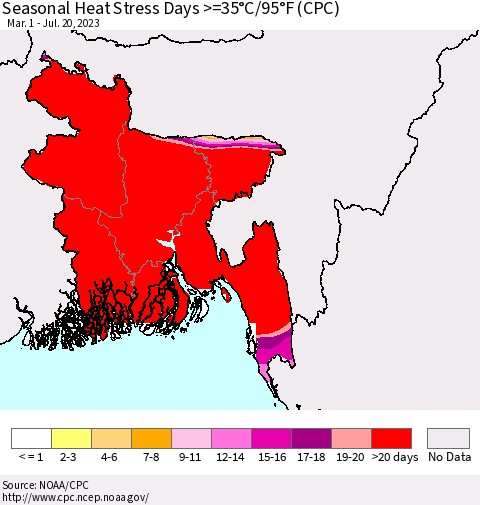 Bangladesh Seasonal Heat Stress Days >=35°C/95°F (CPC) Thematic Map For 3/1/2023 - 7/20/2023