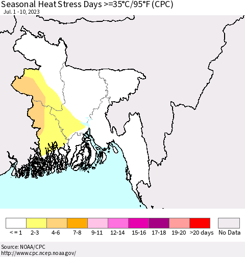 Bangladesh Seasonal Heat Stress Days >=35°C/95°F (CPC) Thematic Map For 7/1/2023 - 7/10/2023