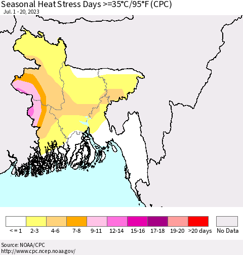 Bangladesh Seasonal Heat Stress Days >=35°C/95°F (CPC) Thematic Map For 7/1/2023 - 7/20/2023