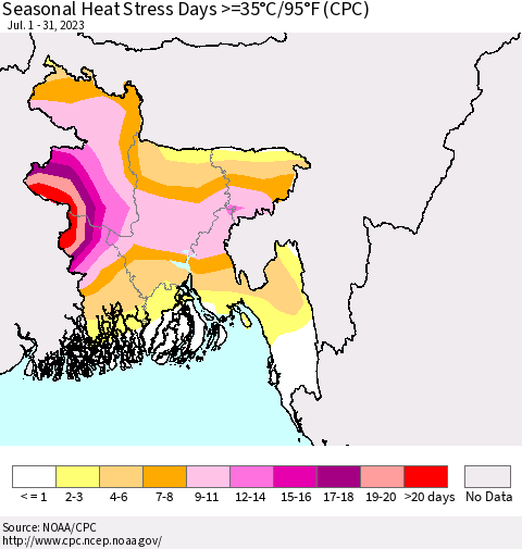 Bangladesh Seasonal Heat Stress Days >=35°C/95°F (CPC) Thematic Map For 7/1/2023 - 7/31/2023